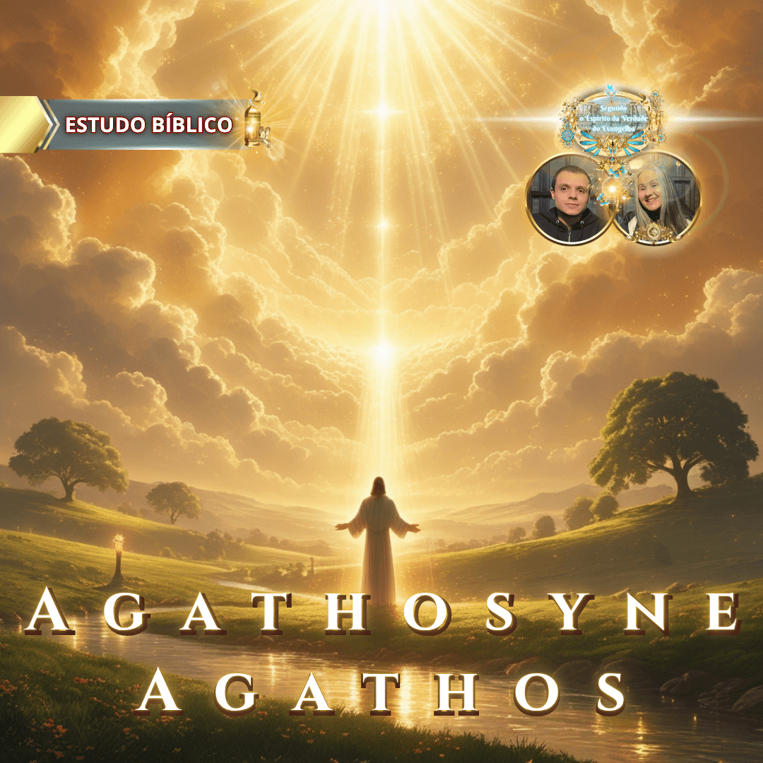Imagem cristã de estudo bíblico baseado em Gálatas 5:22, destacando os termos gregos “agathosyne” e “agathos”, com Jesus diante de uma luz celestial em forma de cruz, simbolizando a bondade divina, para o site Deus e Nós Igreja Online.