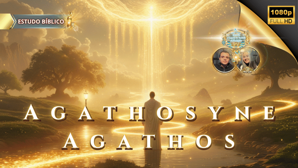 Imagem cristã de estudo bíblico baseado em Gálatas 5:22, destacando os termos gregos “agathosyne” e “agathos”, com Jesus diante de uma luz celestial em forma de cruz, simbolizando a bondade divina, para o site Deus e Nós Igreja Online.