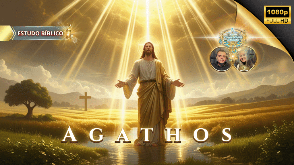 "Jesus ressurreto irradiando luz divina sobre um campo dourado, revelando o significado bíblico de Agathos em Gálatas 5:22 — Deus e Nós Igreja Online."