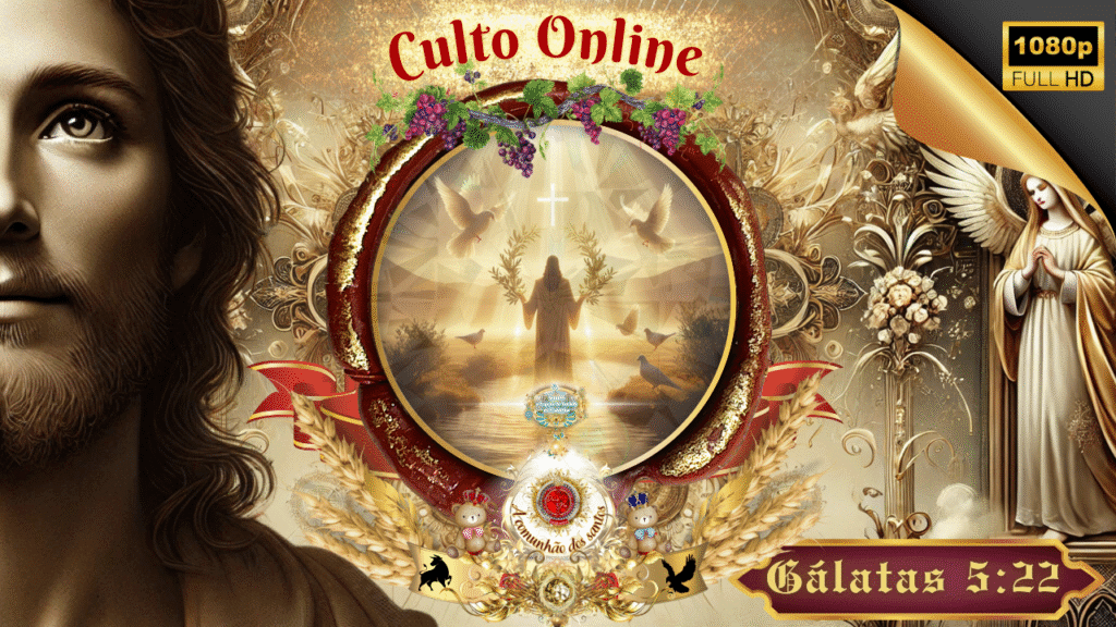 Arte cristã representando Jesus em adoração com pombas e luz celestial, destacando Gálatas 5:22 no Culto Online da Deus e Nós Igreja Online.