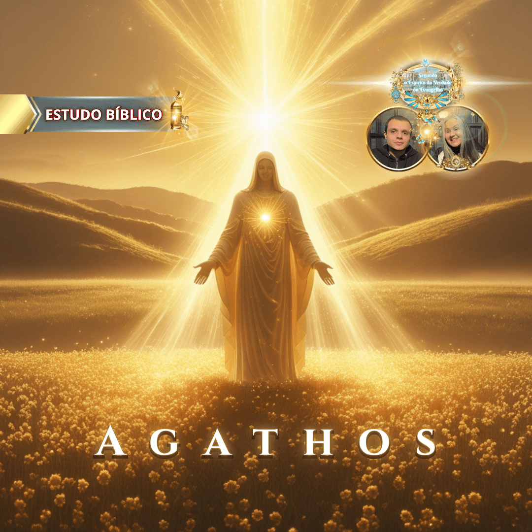 Imagem de Jesus Cristo irradiando luz divina sobre o campo dourado, representando o termo grego agathos de Gálatas 5:22, no estudo bíblico da Deus e Nós Igreja Online.