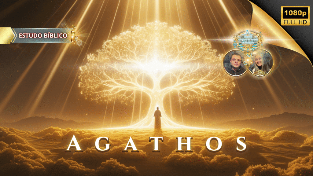 Representação luminosa de um cristão, crescendo na graça e no pleno conheimento de Cristo Jesus, diante da Árvore da Vida resplandecente, simbolizando o fruto do Espírito em Gálatas 5:22, com destaque para o termo grego ‘agathos’, em cenário celestial dourado — imagem para estudo bíblico da Deus e Nós Igreja Online.