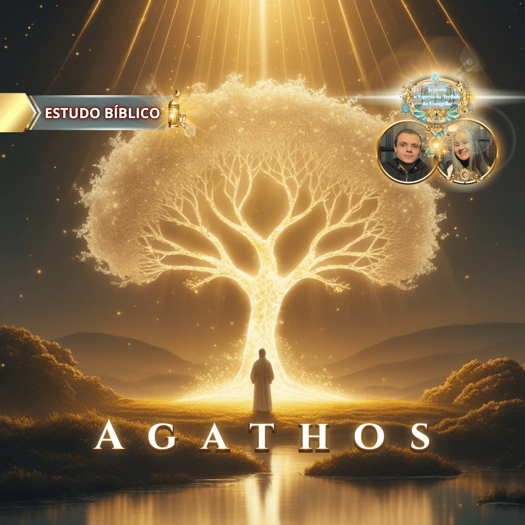 Representação luminosa de um cristão, crescendo na graça e no pleno conheimento de Cristo Jesus, diante da Árvore da Vida resplandecente, simbolizando o fruto do Espírito em Gálatas 5:22, com destaque para o termo grego ‘agathos’, em cenário celestial dourado — imagem para estudo bíblico da Deus e Nós Igreja Online.