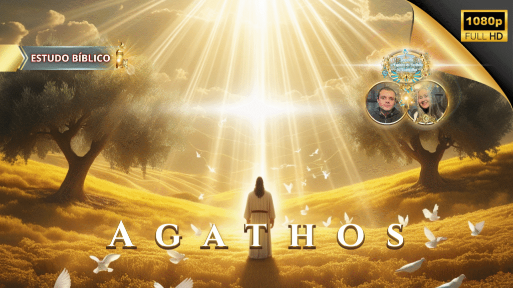 Jesus em um campo dourado iluminado por luz celestial, com pombas brancas simbolizando paz, sob árvores frondosas, representando o fruto do Espírito ‘Agathos’ em Gálatas 5:22 – Deus e Nós Igreja Online.