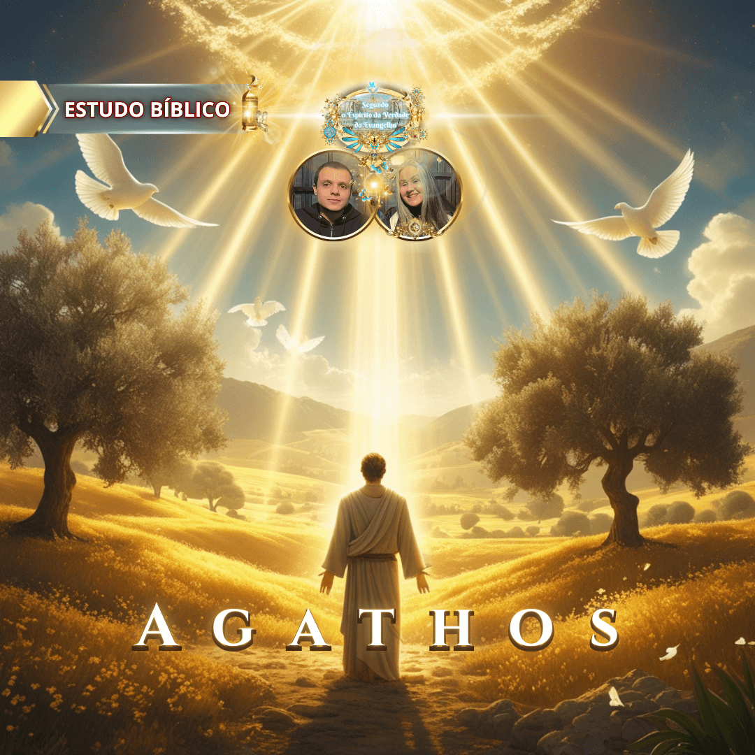 Cristão em um campo dourado iluminado por luz celestial, com pombas brancas simbolizando paz, sob árvores frondosas, representando o fruto do Espírito ‘Agathos’ em Gálatas 5:22 – Deus e Nós Igreja Online.