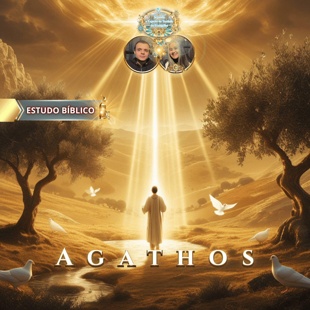 Imagem cristã de estudo bíblico sobre Gálatas 5:22, destacando a palavra grega Agathos com figura diante de luz divina, cruz brilhante, pombas brancas e cenário celestial – Deus e Nós Igreja Online.
