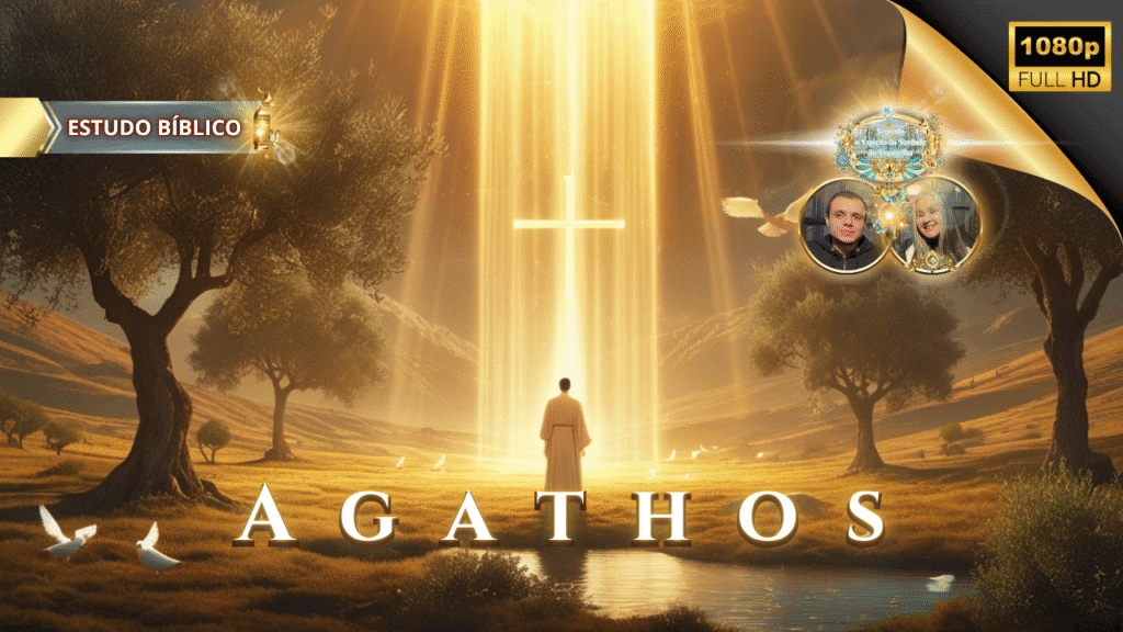 Imagem cristã de estudo bíblico sobre Gálatas 5:22, destacando a palavra grega Agathos com figura diante de luz divina, cruz brilhante, pombas brancas e cenário celestial – Deus e Nós Igreja Online.