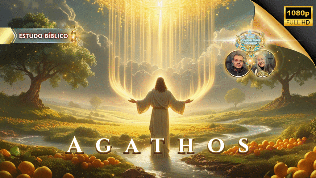 Ilustração de Jesus Cristo derramando luz celestial sobre um campo frutífero, representando o termo grego agathos do fruto do Espírito em Gálatas 5:22 — imagem para estudo bíblico da Deus e Nós Igreja Online.