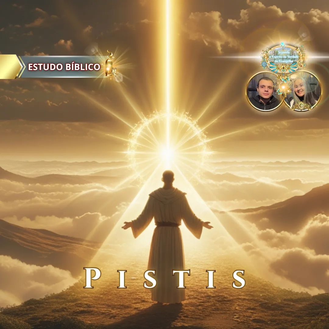 Arte cristã mostrando uma figura em vestes claras diante de um intenso feixe de luz celestial sobre montanhas e nuvens, simbolizando revelação divina, com elementos gráficos de estudo bíblico e selo da Igreja Online Deus e Nós.