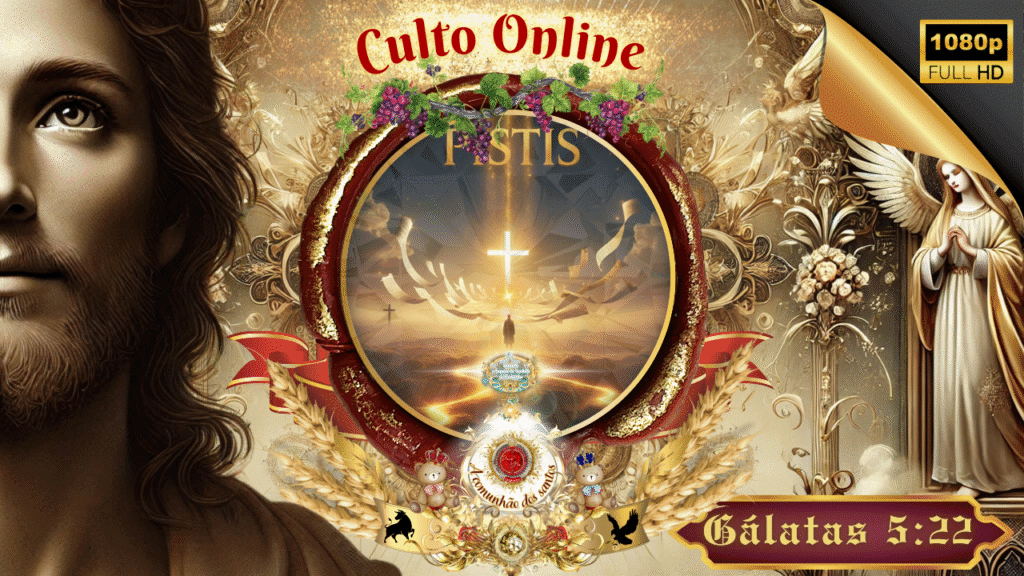 Arte cristã representando Jesus, culto online da Deus e Nós Igreja Online, destacando Gálatas 5:22 e o fruto do Espírito Santo – pistis, fé e fidelidade na vida espiritual.