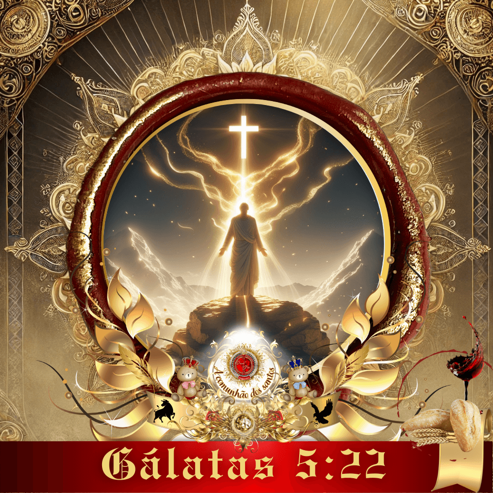 Arte cristã de culto online com representação de Jesus, anjos e uma figura iluminada por luz divina, simbolizando Gálatas 5:22 e o fruto do Espírito, criada para a Igreja Online Deus e Nós.