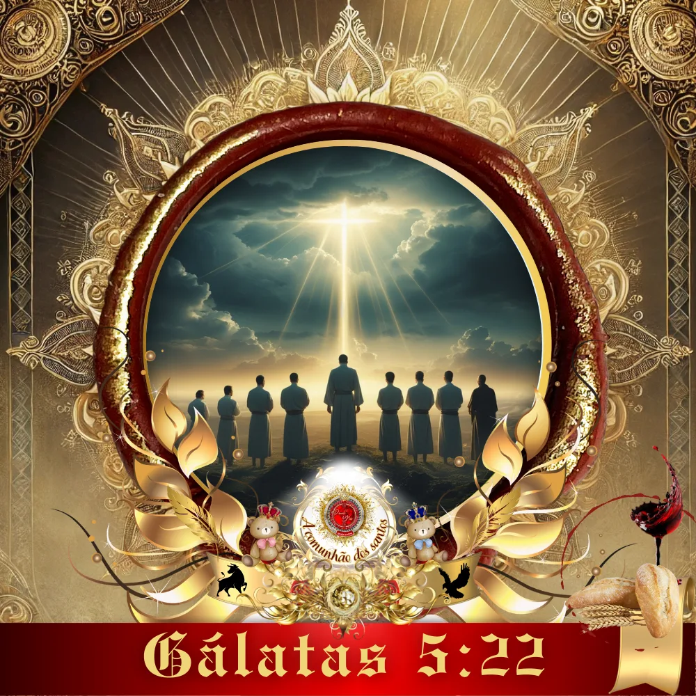 Arte cristã de culto online com representação simbólica de Cristo, anjos e discípulos reunidos sob luz celestial, inspirada em Gálatas 5:22 e no fruto do Espírito, da Deus e Nós Igreja Online.