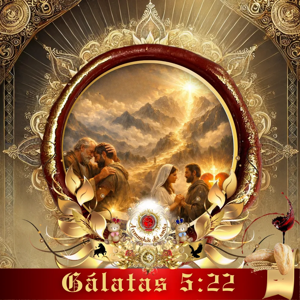 Culto Online cristão com Jesus Cristo ao centro, comunhão dos santos, família em oração, caminho iluminado pela fé e referência a Gálatas 5:22, Igreja Online Deus e Nós.
