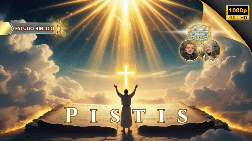Homem adorando diante da cruz iluminada pelos céus, com a Palavra aberta e feixes de luz divina representando “Pistis” em estudo bíblico da Deus e Nós Igreja Online.