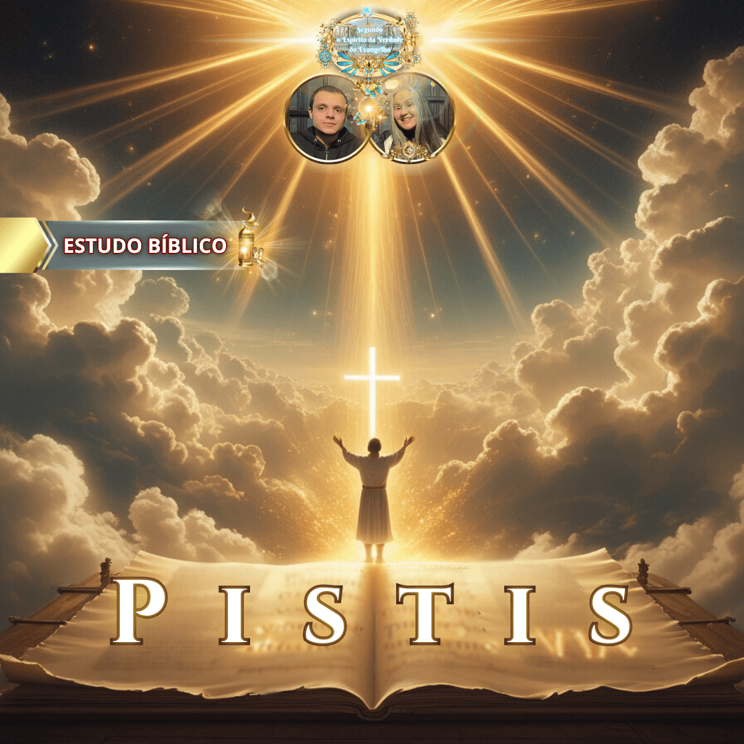 Homem adorando diante da cruz iluminada pelos céus, com a Palavra aberta e feixes de luz divina representando “Pistis” em estudo bíblico da Deus e Nós Igreja Online.