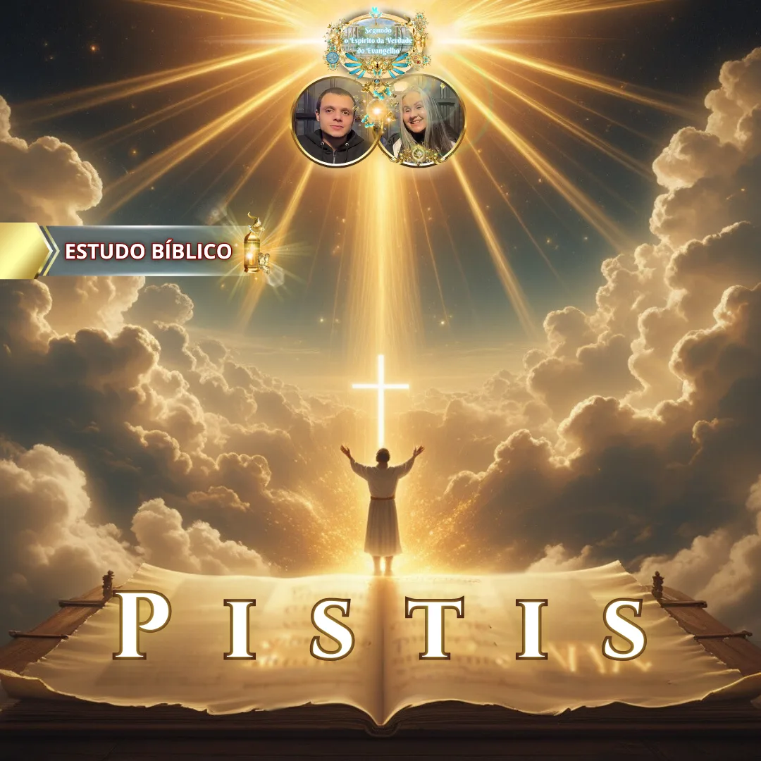 Homem adorando diante da cruz iluminada pelos céus, com a Palavra aberta e feixes de luz divina representando “Pistis” em estudo bíblico da Deus e Nós Igreja Online.