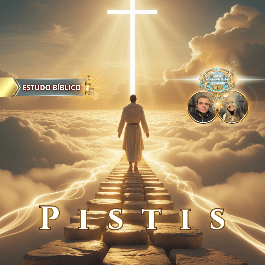 Imagem cristã mostrando uma figura caminhando em uma estrada de luz entre as nuvens em direção à cruz resplandecente, representando ‘Pistis’ — fé bíblica — no estudo de Gálatas 5:22 pela Deus e Nós Igreja Online.