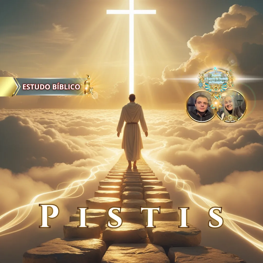 Imagem cristã mostrando uma figura caminhando em uma estrada de luz entre as nuvens em direção à cruz resplandecente, representando ‘Pistis’ — fé bíblica — no estudo de Gálatas 5:22 pela Deus e Nós Igreja Online.