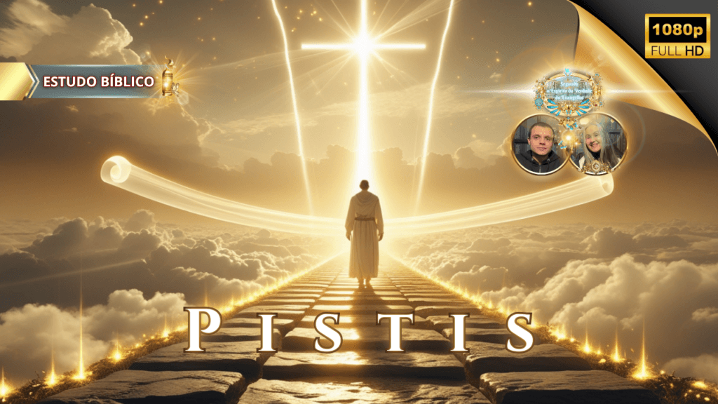 Imagem cristã mostrando uma figura caminhando em uma estrada de luz entre as nuvens em direção à cruz resplandecente, representando ‘Pistis’ — fé bíblica — no estudo de Gálatas 5:22 pela Deus e Nós Igreja Online.