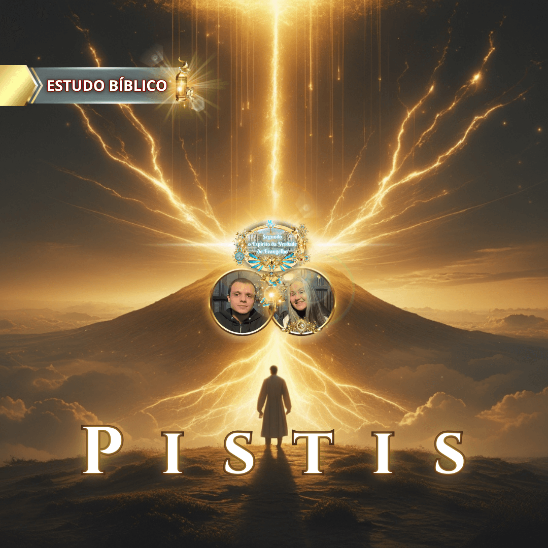 Arte cristã mostrando uma figura diante de uma intensa luz celestial em forma de asas e cruz, simbolizando fé e revelação divina, com elementos visuais de estudo bíblico e selo da Igreja Online Deus e Nós.