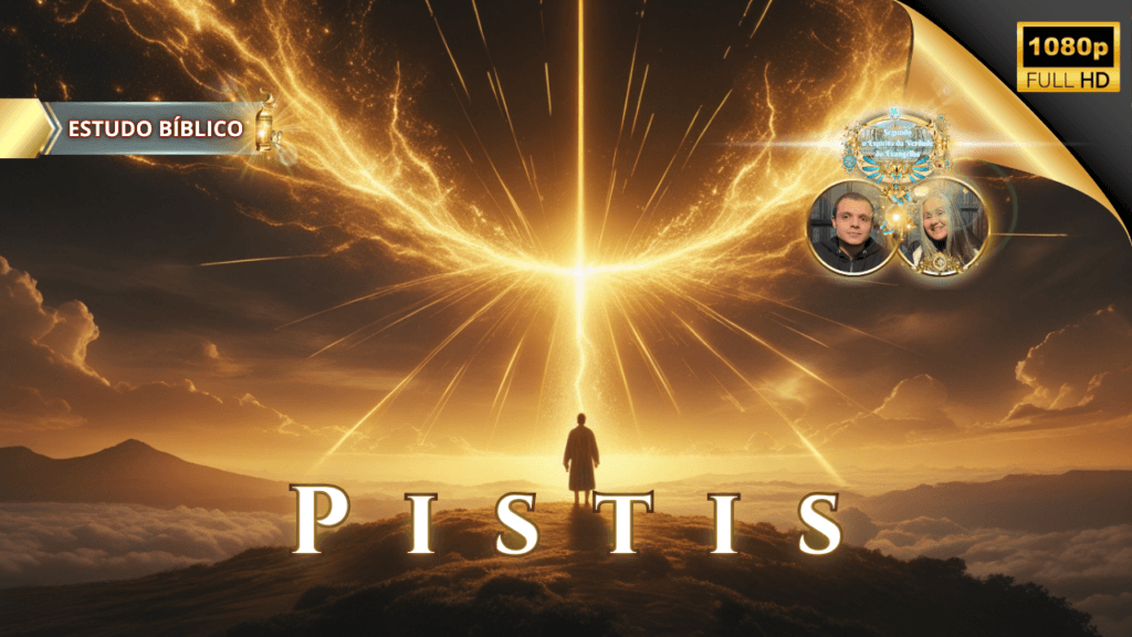 Arte cristã mostrando uma figura diante de uma intensa luz celestial em forma de asas e cruz, simbolizando fé e revelação divina, com elementos visuais de estudo bíblico e selo da Igreja Online Deus e Nós.