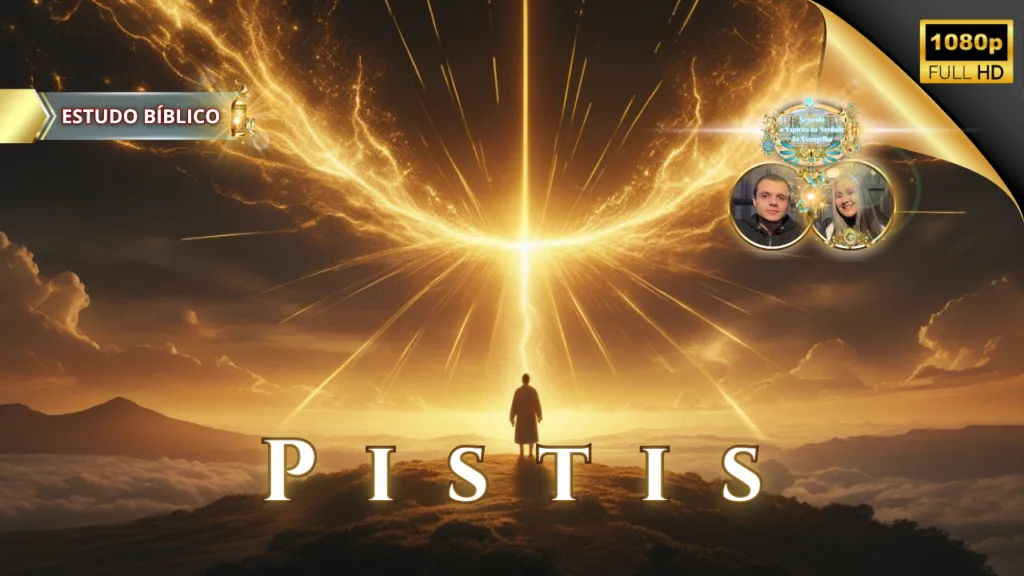 Arte cristã mostrando uma figura diante de uma intensa luz celestial em forma de asas e cruz, simbolizando fé e revelação divina, com elementos visuais de estudo bíblico e selo da Igreja Online Deus e Nós.