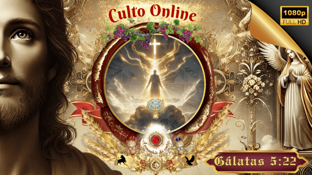 Arte cristã de culto online com representação de Jesus, anjos e uma figura iluminada por luz divina, simbolizando Gálatas 5:22 e o fruto do Espírito, criada para a Igreja Online Deus e Nós.