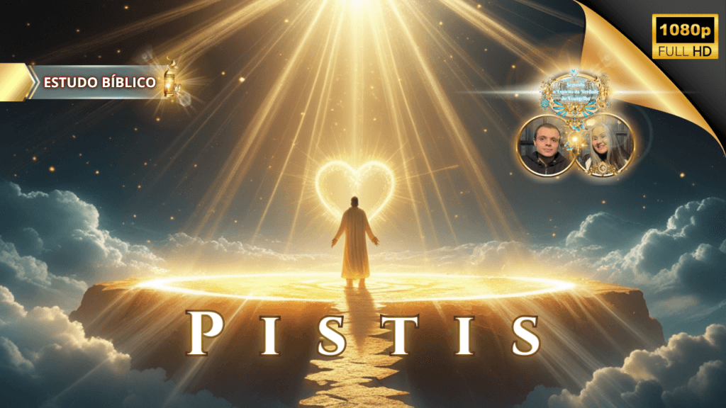 Imagem cristã de estudo bíblico com figura iluminada diante de um coração radiante, simbolizando o amor divino e a fé ‘Pistis’, com luz celestial e tema da Igreja Online Deus e Nós.