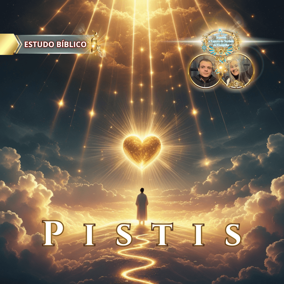 Imagem cristã de estudo bíblico com figura iluminada diante de um coração radiante, simbolizando o amor divino e a fé ‘Pistis’, com luz celestial e tema da Igreja Online Deus e Nós.