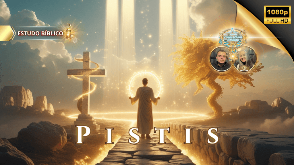 Arte cristã de estudo bíblico com figura diante de uma cruz luminosa entre colunas antigas, simbolizando ‘Pistis’ — fé — com luz celestial e tema da Igreja Online Deus e Nós.