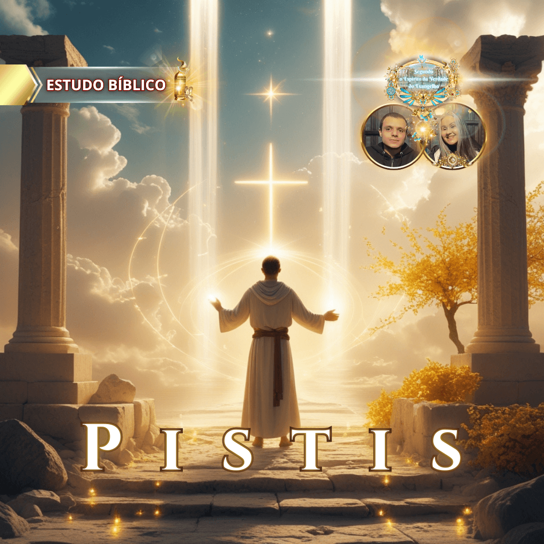 Arte cristã de estudo bíblico com figura diante de uma cruz luminosa entre colunas antigas, simbolizando ‘Pistis’ — fé — com luz celestial e tema da Igreja Online Deus e Nós.