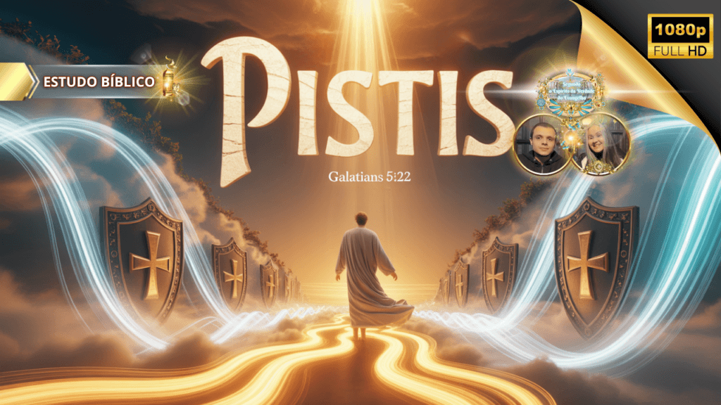 Arte cristã representando o tema Pistis de Gálatas 5:22, com figura seguindo um caminho de luz rumo ao céu, escudos da fé com cruzes e atmosfera celestial, para estudo bíblico da Igreja Online Deus e Nós.