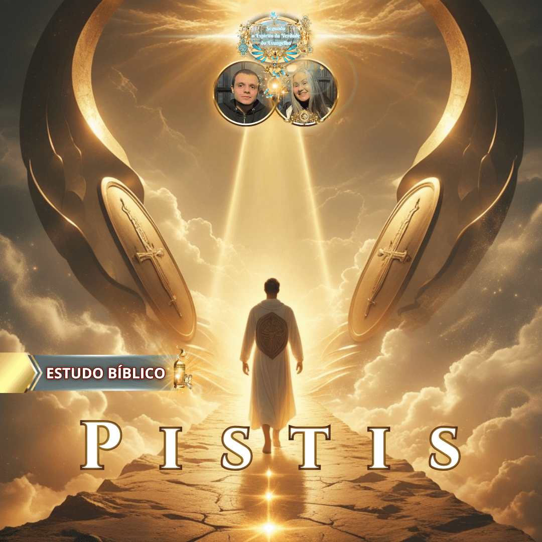 Arte cristã representando o tema Pistis de Gálatas 5:22, com figura seguindo um caminho de luz rumo ao céu, escudos da fé com cruzes e atmosfera celestial, para estudo bíblico da Igreja Online Deus e Nós.