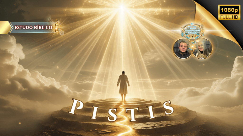 Imagem cristã de estudo bíblico com figura caminhando por um caminho de luz em direção à glória divina, tema 'Pistis' de Gálatas 5:22, com selo da Igreja Online Deus e Nós e fundo celestial iluminado.