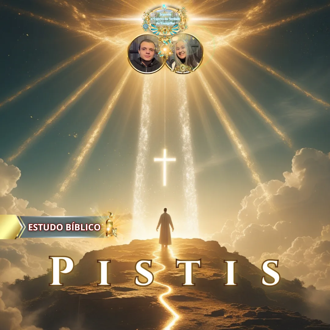 Imagem cristã de estudo bíblico com figura caminhando por um caminho de luz em direção à glória divina, tema 'Pistis' de Gálatas 5:22, com selo da Igreja Online Deus e Nós e fundo celestial iluminado.
