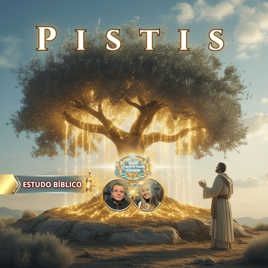 Arte cristã de estudo bíblico mostrando uma árvore luminosa simbolizando vida espiritual e fé ‘Pistis’, com figura em oração e luz divina irradiando, tema de Gálatas 5:22 da Igreja Online Deus e Nós.