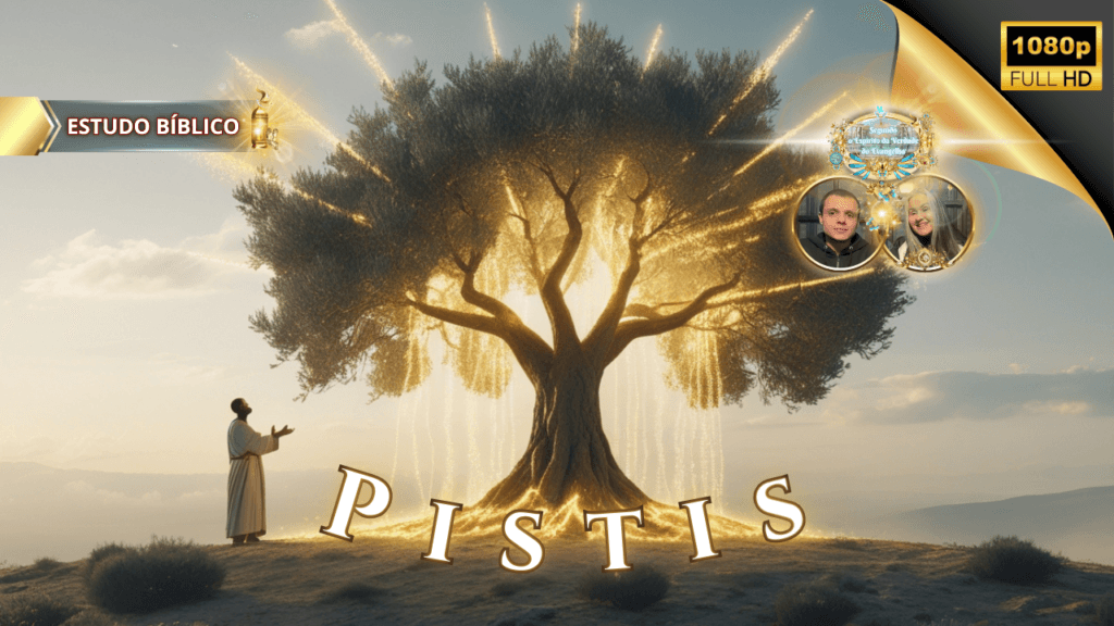 Arte cristã de estudo bíblico mostrando uma árvore luminosa simbolizando vida espiritual e fé ‘Pistis’, com figura em oração e luz divina irradiando, tema de Gálatas 5:22 da Igreja Online Deus e Nós.