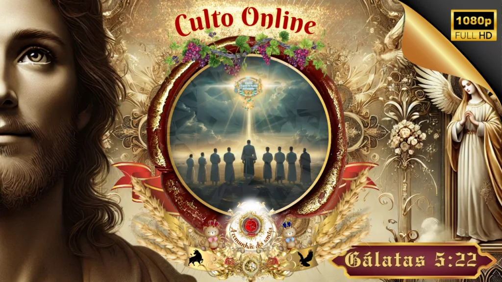 Arte cristã de culto online com representação simbólica de Cristo, anjos e discípulos reunidos sob luz celestial, inspirada em Gálatas 5:22 e no fruto do Espírito, da Deus e Nós Igreja Online.