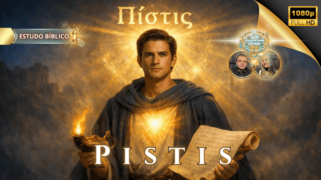 Estudo bíblico online sobre Pístis (fé), com representação simbólica de um discípulo iluminado pela luz divina, segurando pergaminho das Escrituras, conteúdo da Igreja Online Deus e Nós.