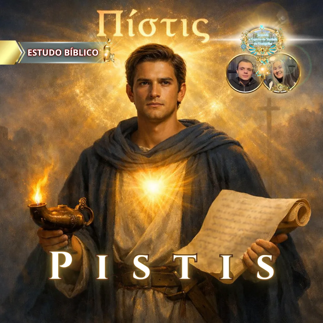 Estudo bíblico online sobre Pístis (fé), com representação simbólica de um discípulo iluminado pela luz divina, segurando pergaminho das Escrituras, conteúdo da Igreja Online Deus e Nós.