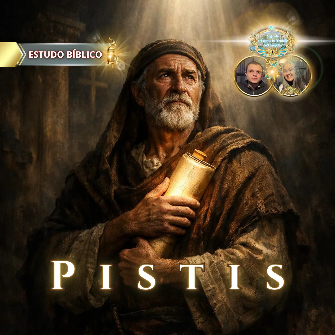 Estudo bíblico online sobre Pístis (fé), com representação simbólica de um ancião segurando o pergaminho das Escrituras, iluminado pela luz divina, ensino da Igreja Online Deus e Nós.