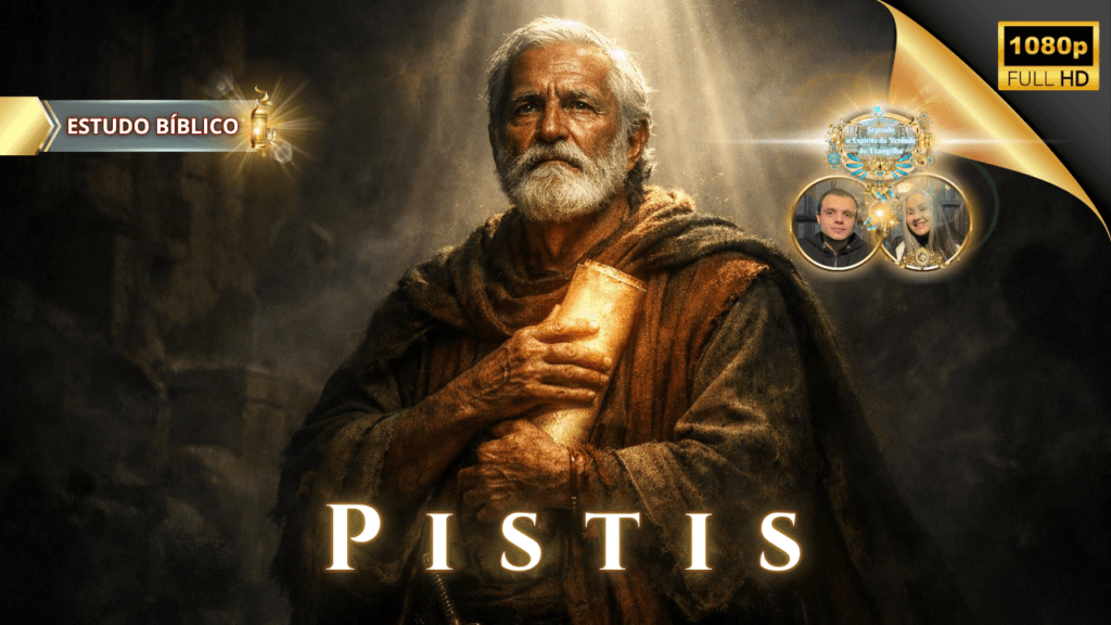 Estudo bíblico online sobre Pístis (fé), com representação simbólica de um ancião segurando o pergaminho das Escrituras, iluminado pela luz divina, ensino da Igreja Online Deus e Nós.