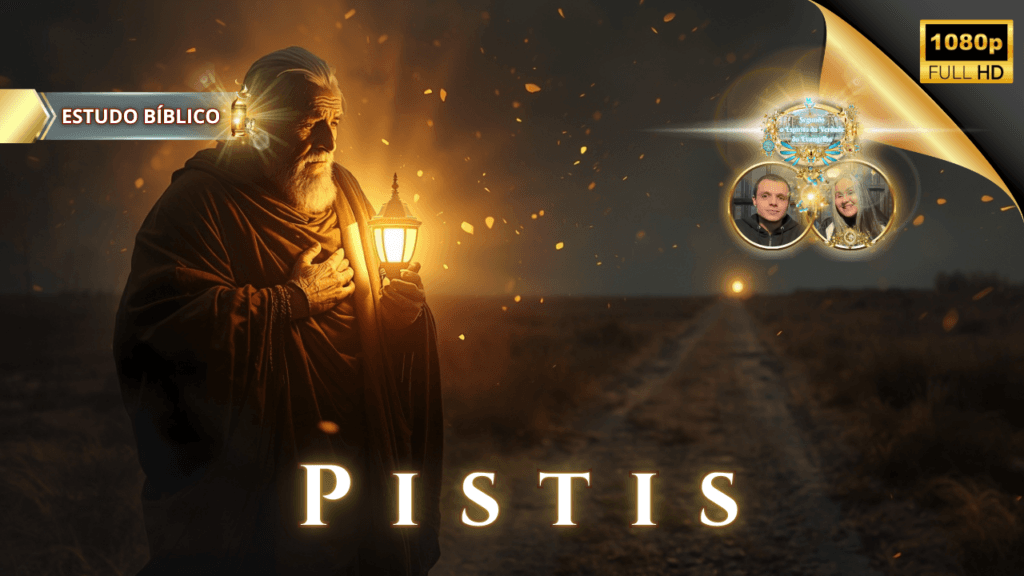 Estudo bíblico online sobre Pístis (fé), com representação simbólica de um ancião caminhando na escuridão segurando uma lâmpada acesa, fé que ilumina o caminho segundo a Palavra de Deus.
