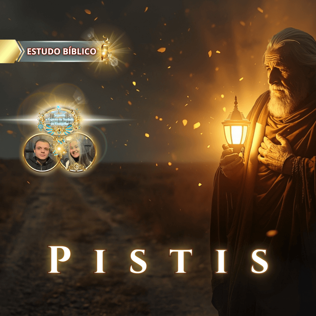 Estudo bíblico online sobre Pístis (fé), com representação simbólica de um ancião caminhando na escuridão segurando uma lâmpada acesa, fé que ilumina o caminho segundo a Palavra de Deus.