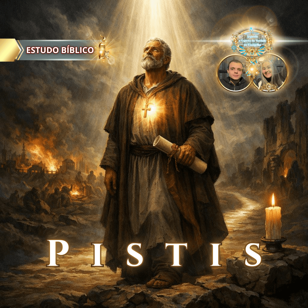 Estudo bíblico online sobre Pístis (fé), com ancião segurando o pergaminho das Escrituras e uma lâmpada acesa, caminhando pela luz de Deus em meio às trevas, ensino da Igreja Online Deus e Nós.