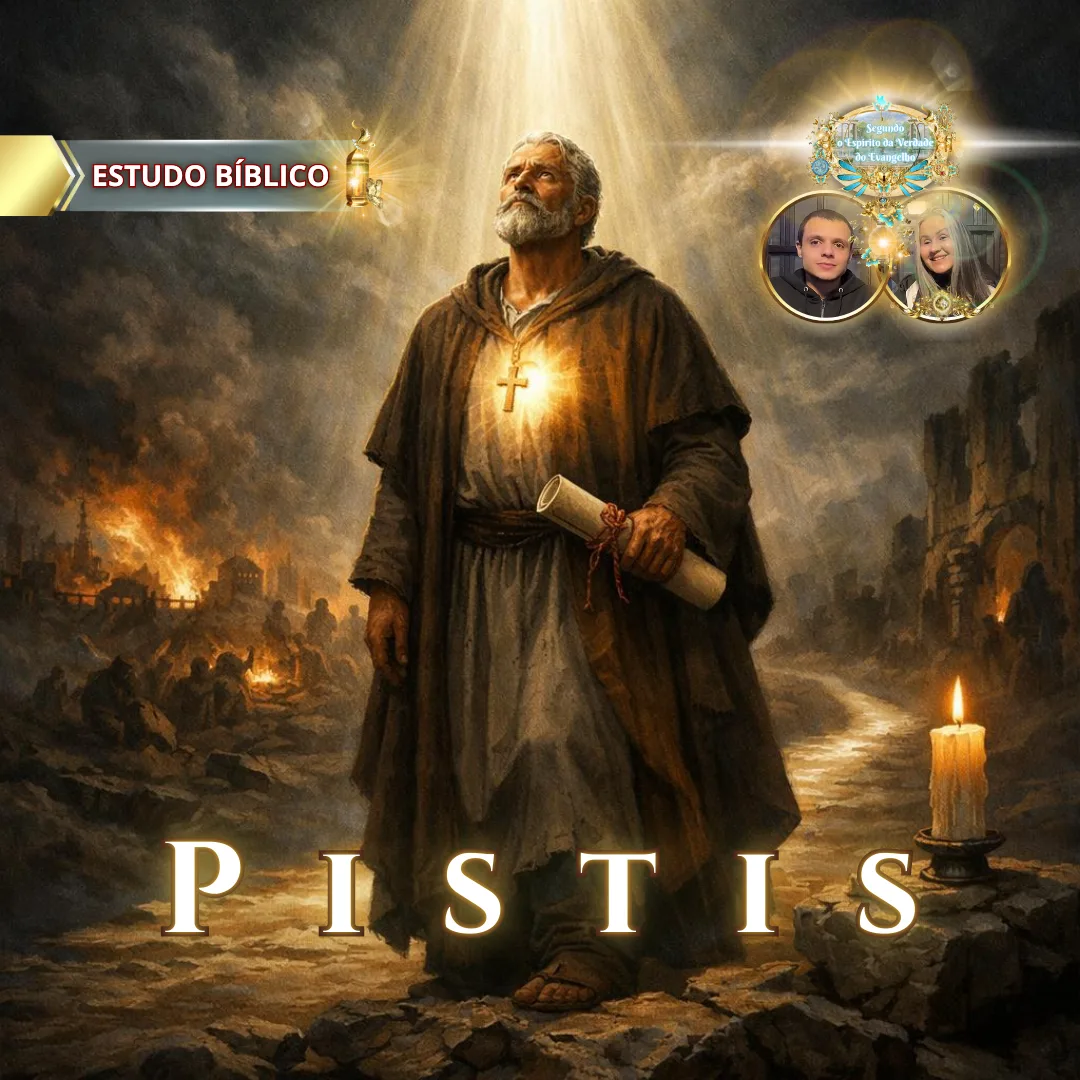 Estudo bíblico online sobre Pístis (fé), com ancião segurando o pergaminho das Escrituras e uma lâmpada acesa, caminhando pela luz de Deus em meio às trevas, ensino da Igreja Online Deus e Nós.