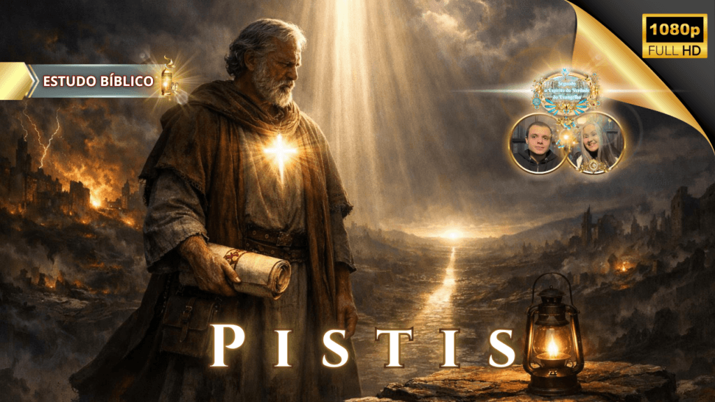 Estudo bíblico online sobre Pístis (fé), com ancião segurando o pergaminho das Escrituras e uma lâmpada acesa, caminhando pela luz de Deus em meio às trevas, ensino da Igreja Online Deus e Nós.