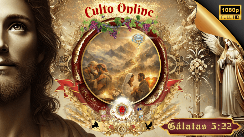 Culto Online cristão com Jesus Cristo ao centro, comunhão dos santos, família em oração, caminho iluminado pela fé e referência a Gálatas 5:22, Igreja Online Deus e Nós.