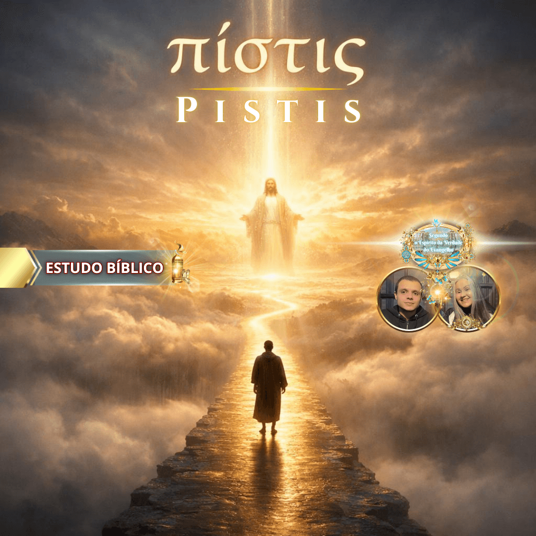 Caminho de luz levando a Jesus Cristo glorificado nas nuvens, representando a fé cristã (Pistis) e a jornada espiritual do crente – estudo bíblico da Deus e Nós Igreja Online.