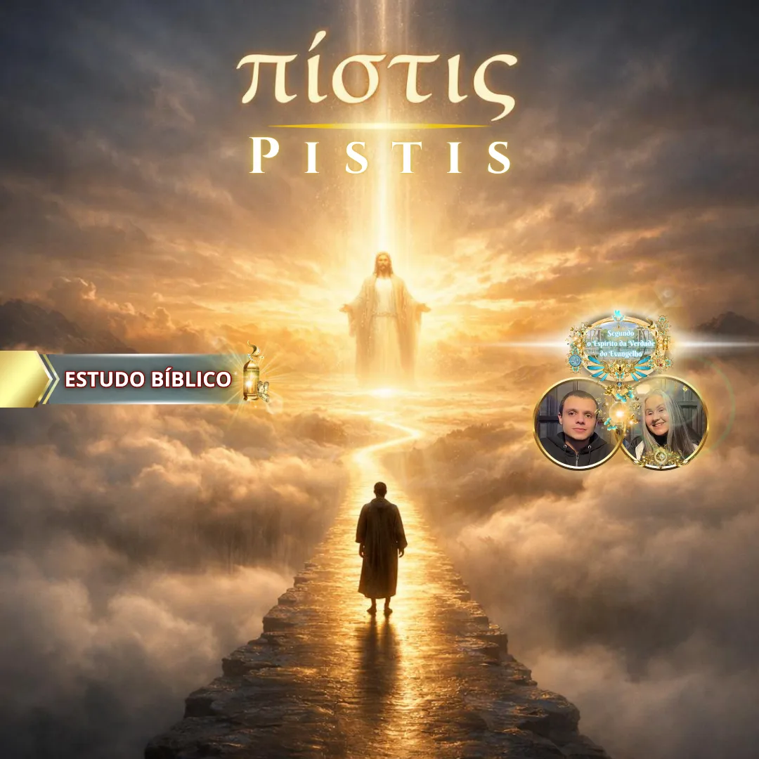 Caminho de luz levando a Jesus Cristo glorificado nas nuvens, representando a fé cristã (Pistis) e a jornada espiritual do crente – estudo bíblico da Deus e Nós Igreja Online.